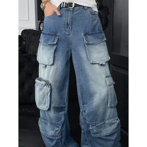 Vintage Distressed Wide-Leg Denim Workwear Pants with Pockets - Summer Trendy Loose Fit for Effortless Style