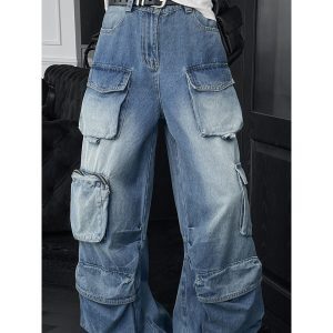 Vintage Distressed Wide-Leg Denim Workwear Pants with Pockets - Summer Trendy Loose Fit for Effortless Style