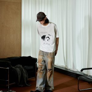Vintage Drunken Girl Tee - Distressed Short Sleeve T-Shirt - Dirty Dyed Ice Feel Fabric - Retro Y2K Style