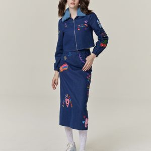 Vintage Embroidered Denim Jacket and Graffiti Skirt Set - Original Artist Design, Y2K Style, Trendy Statement Outfit