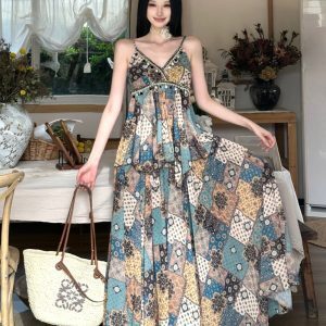 Vintage Ethnic Printed High-Waisted Skirt Summer Set - Comfortable French Holiday Style Long Dress