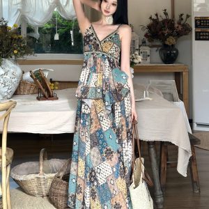 Vintage Ethnic Printed High-Waisted Skirt Summer Set - Comfortable French Holiday Style Long Dress