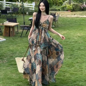 Vintage Ethnic Printed High-Waisted Skirt Summer Set - Comfortable French Holiday Style Long Dress