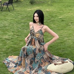 Vintage Ethnic Printed High-Waisted Skirt Summer Set - Comfortable French Holiday Style Long Dress