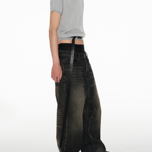 Vintage Faded Low-Crotch Split-Seam Jeans with Natural Whiskers and Micro-Flare Hem - Retro 90s Style Denim Pants