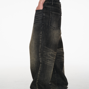 Vintage Faded Low-Crotch Split-Seam Jeans with Natural Whiskers and Micro-Flare Hem - Retro 90s Style Denim Pants