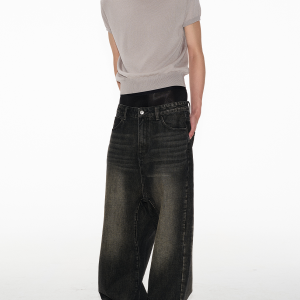 Vintage Faded Low-Crotch Split-Seam Jeans with Natural Whiskers and Micro-Flare Hem - Retro 90s Style Denim Pants