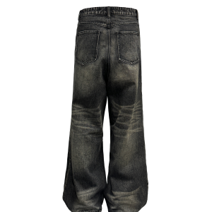 Vintage Faded Low-Crotch Split-Seam Jeans with Natural Whiskers and Micro-Flare Hem - Retro 90s Style Denim Pants