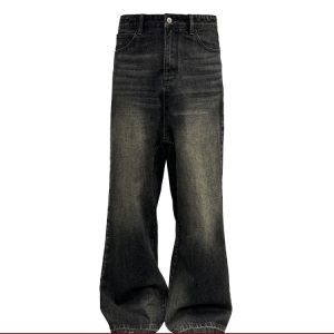 Vintage Faded Low-Crotch Split-Seam Jeans with Natural Whiskers and Micro-Flare Hem - Retro 90s Style Denim Pants