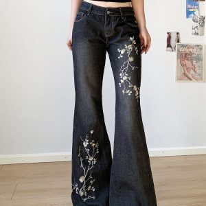 Vintage Floral Embroidered Low-Waist Distressed Slim-Fit Women's Jeans - Y2K American Style