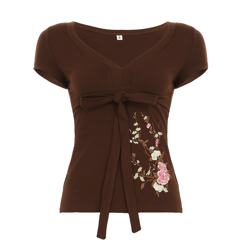 Vintage Floral Embroidery Low V-Neck Tie T-Shirt - Slim Fit Stretch Top for Effortless Y2K Style