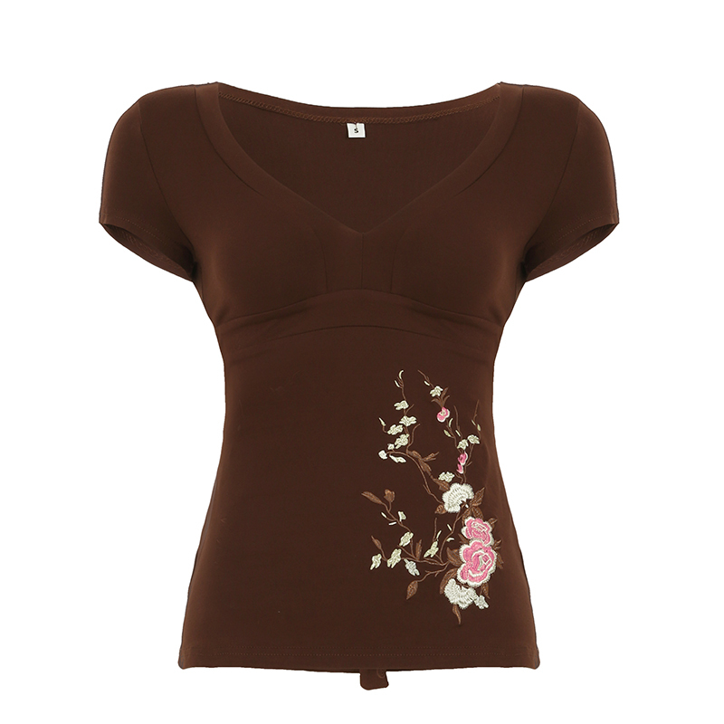 Vintage Floral Embroidery V-Neck Short Sleeve T-Shirt with Cross Tie Waist - Spicy Girl Style for Summer