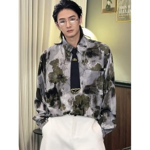 Vintage Floral Ink Wash Long Sleeve Shirt for Men - Spring 2023 American Casual Style, Hong Kong Inspired Fashion
