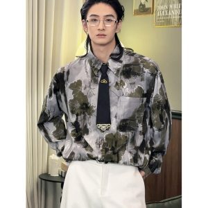 Vintage Floral Ink Wash Long Sleeve Shirt for Men - Spring 2023 American Casual Style, Hong Kong Inspired Fashion