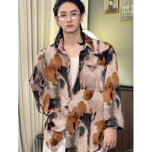Vintage Floral Ink Wash Long Sleeve Shirt for Men - Spring 2023 American Casual Style, Hong Kong Inspired Fashion