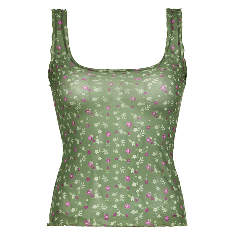 Vintage Floral Mesh U-Neck Tank Top - Slim Fit Sheer Layered Summer Top for a Versatile Sexy Look