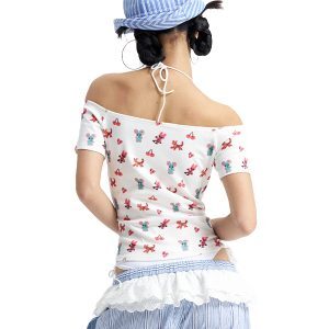Vintage Floral One-Shoulder T-Shirt – Original Design, Retro Style, Perfect for Y2K Fashion Lovers