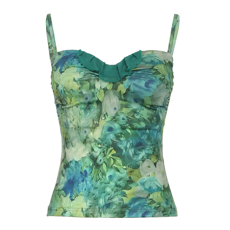 Vintage Floral Pleated Bustier Camisole Tank Top in Green Oil Painting - Summer Sexy Style with Chest Pads for Hot Girls