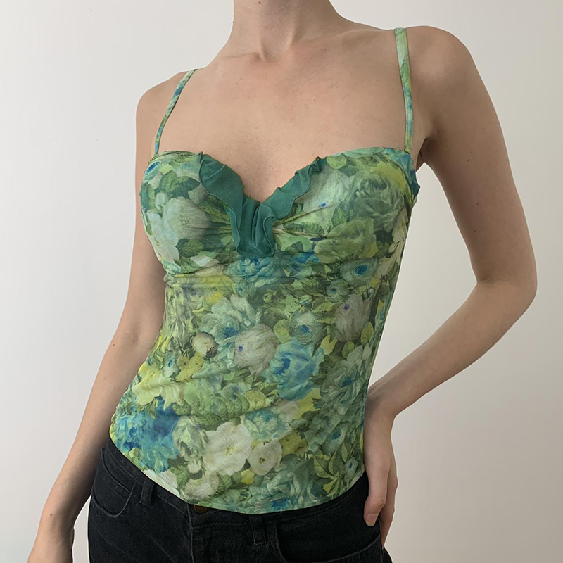 Vintage Floral Pleated Bustier Camisole Tank Top in Green Oil Painting - Summer Sexy Style with Chest Pads for Hot Girls