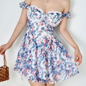 Vintage Floral Print Blue One-Shoulder Dress for Women - Court Lace Short Vacation Skirt, Y2K Style