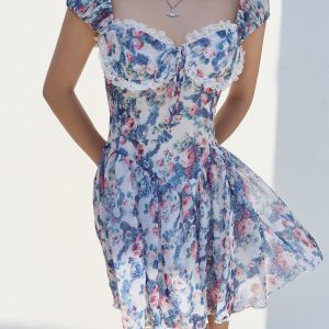 Vintage Floral Print Blue One-Shoulder Dress for Women - Court Lace Short Vacation Skirt, Y2K Style