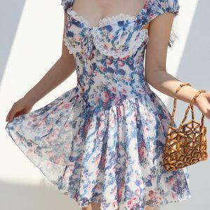 Vintage Floral Print Blue One-Shoulder Dress for Women - Court Lace Short Vacation Skirt, Y2K Style