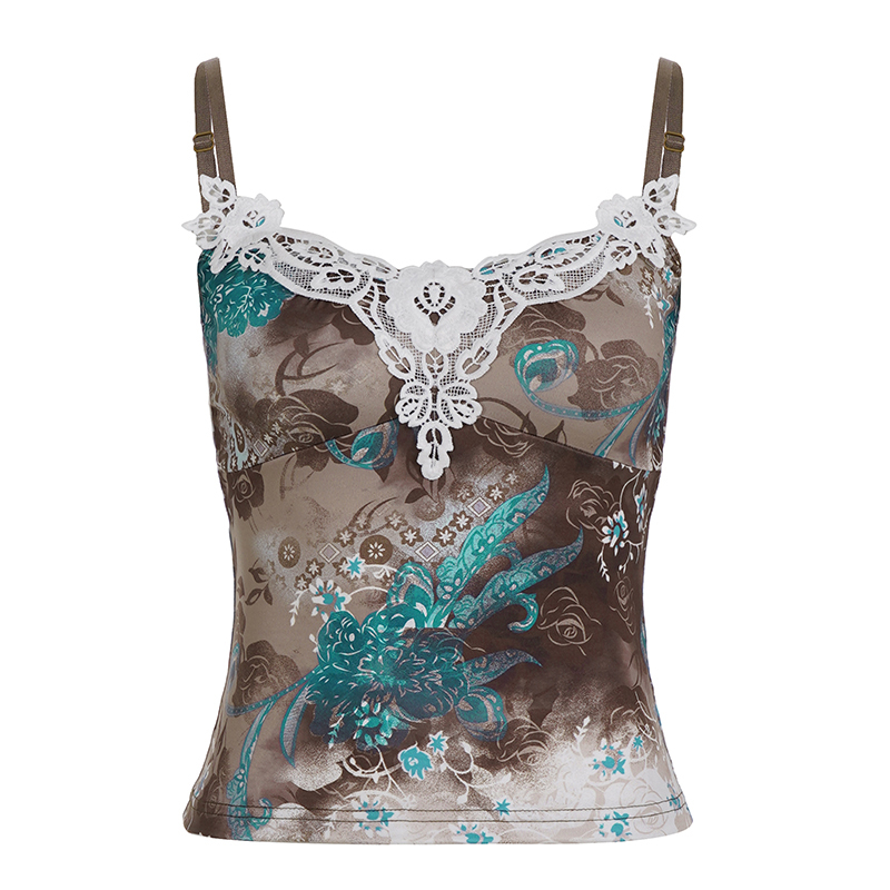 Vintage Folk Color-Block Printed Lace Spliced Camisole Slim-Fit Top for Y2K and 90s Style Fashion