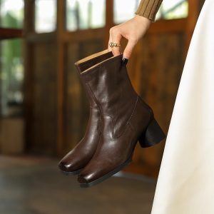 Vintage French Chunky Heel Ankle Boots for Women - Genuine Leather Mid-Calf Winter Boots - Slim Fit Retro Style