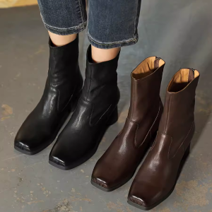Vintage French Chunky Heel Ankle Boots for Women - Genuine Leather Mid-Calf Winter Boots - Slim Fit Retro Style