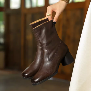 Vintage French Chunky Heel Ankle Boots for Women - Genuine Leather Mid-Calf Winter Boots - Slim Fit Retro Style