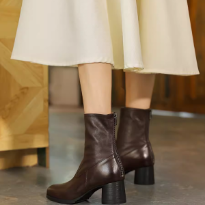 Vintage French Chunky Heel Ankle Boots for Women - Genuine Leather Mid-Calf Winter Boots - Slim Fit Retro Style