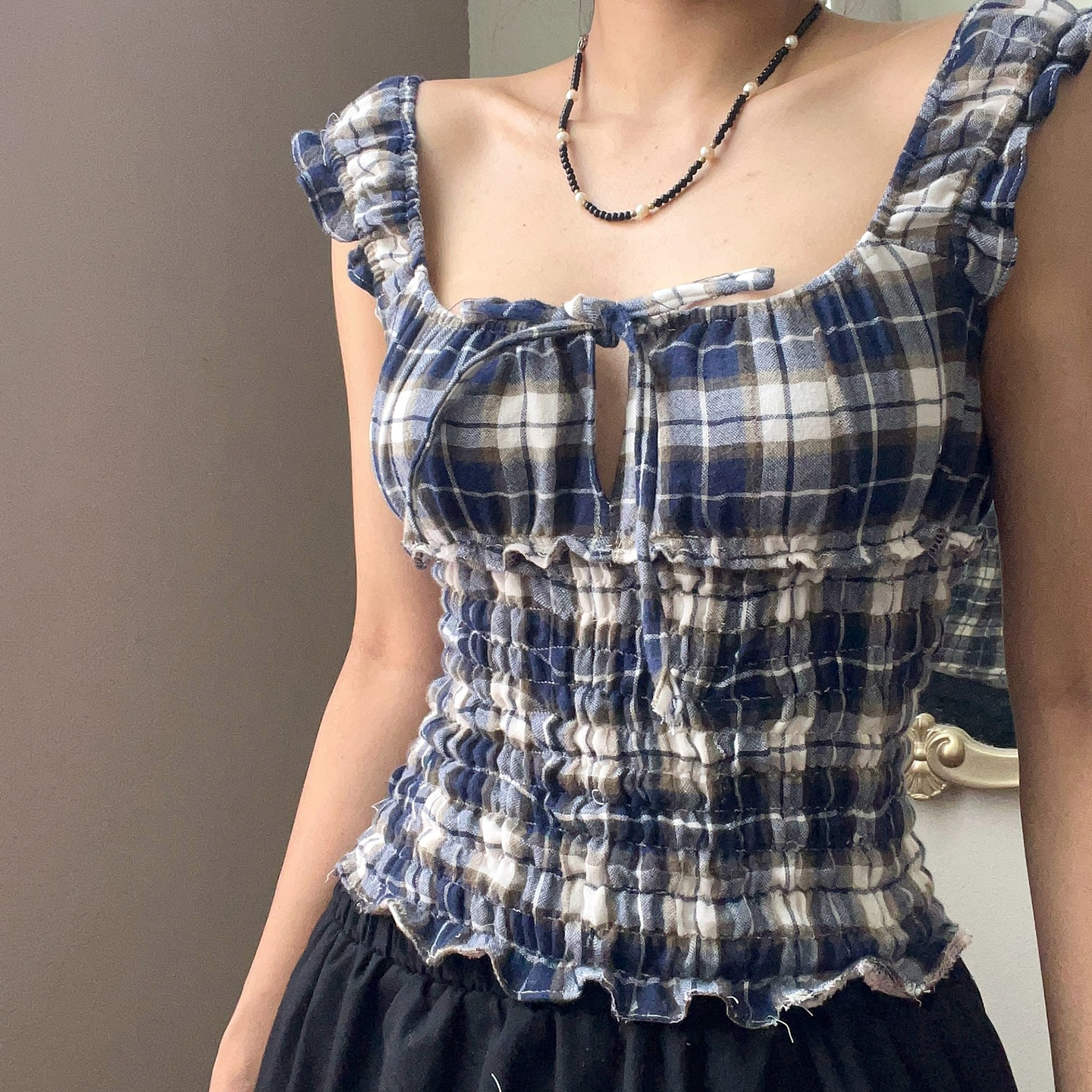 Vintage French Color-Block Plaid Flutter Sleeve T-Shirt for Women with Hollow-Out Lace-Up Square Neckline and Cinched Waist, Y2K Style