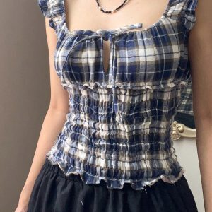 Vintage French Color-Block Plaid Flutter Sleeve T-Shirt for Women with Hollow-Out Lace-Up Square Neckline and Cinched Waist, Y2K Style