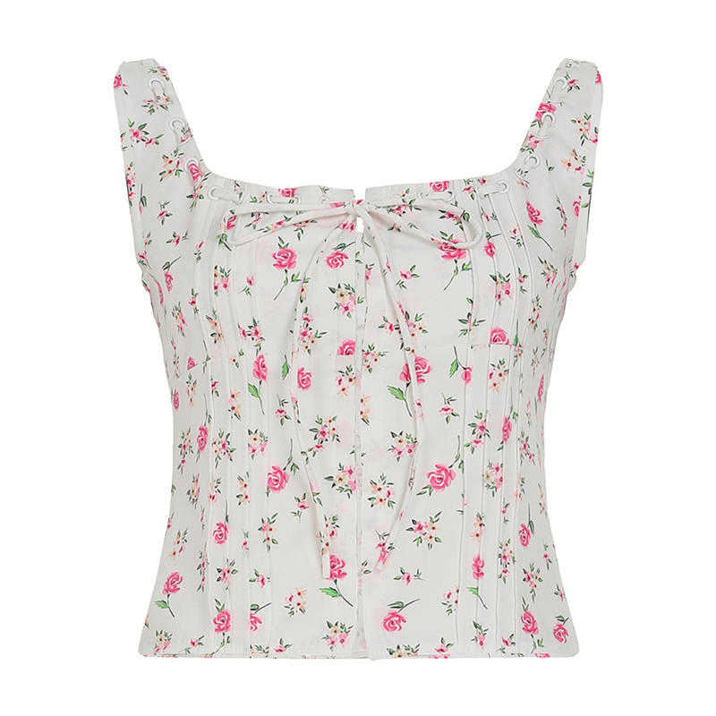 Vintage French Floral Lace-Up Bow U-Neck Vest for Women - Pastoral Pleated Hook-and-Eye Strap - Chic Niche Style