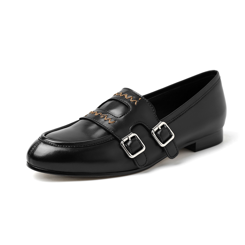 Vintage French Genuine Leather Embroidered Slip-On Loafers for Women - Soft Round Toe Black Shoes for Spring and Autumn