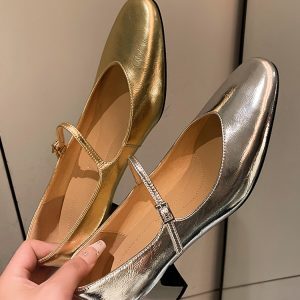 Vintage French Genuine Leather One-Strap Mary Jane Ballet Chunky High Heels in Silver and Gold for Women
