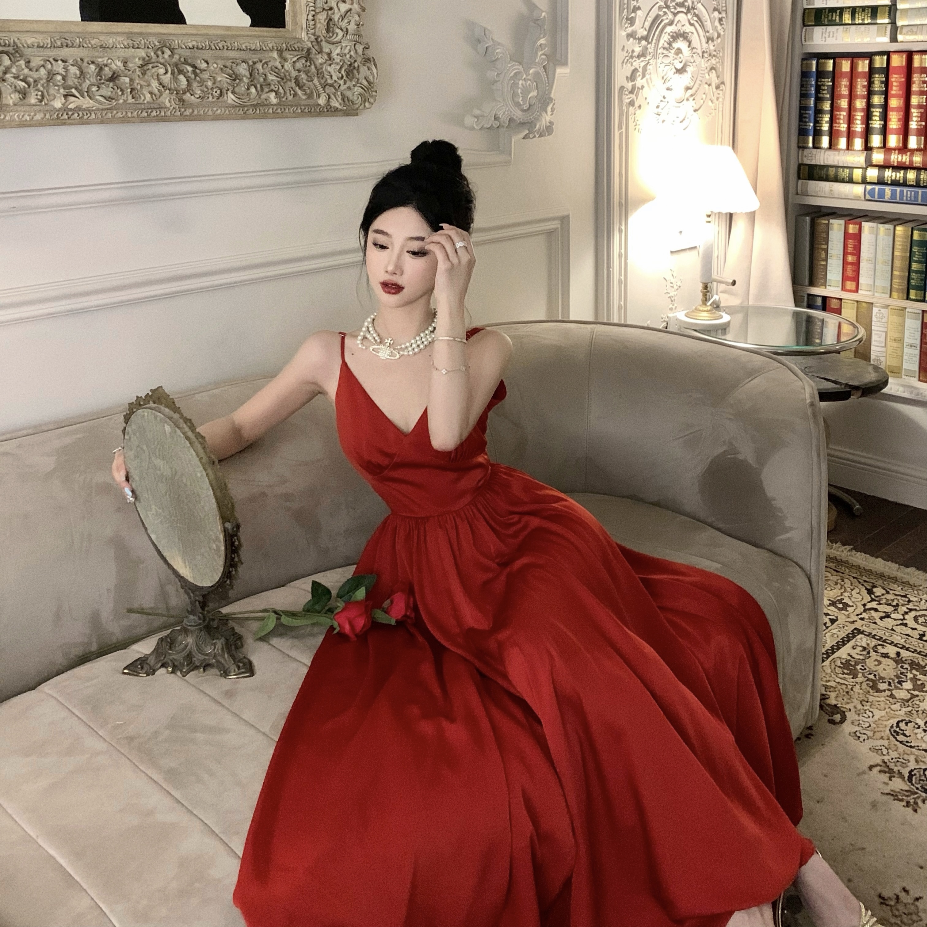 Vintage French Hepburn-Style Red V-Neck Spaghetti Strap Backless Dress with Big Skirt - Elegant Morning Robe Gown
