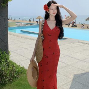 Vintage French High-End Printed Long Dress - Red Sexy Deep V-Neck Fitted Summer Beach Vacation Dress