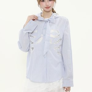 Vintage French Hollow Lace Bow Blue Striped Shirt - Women's Spring Tie Jacket in 90s Retro Style