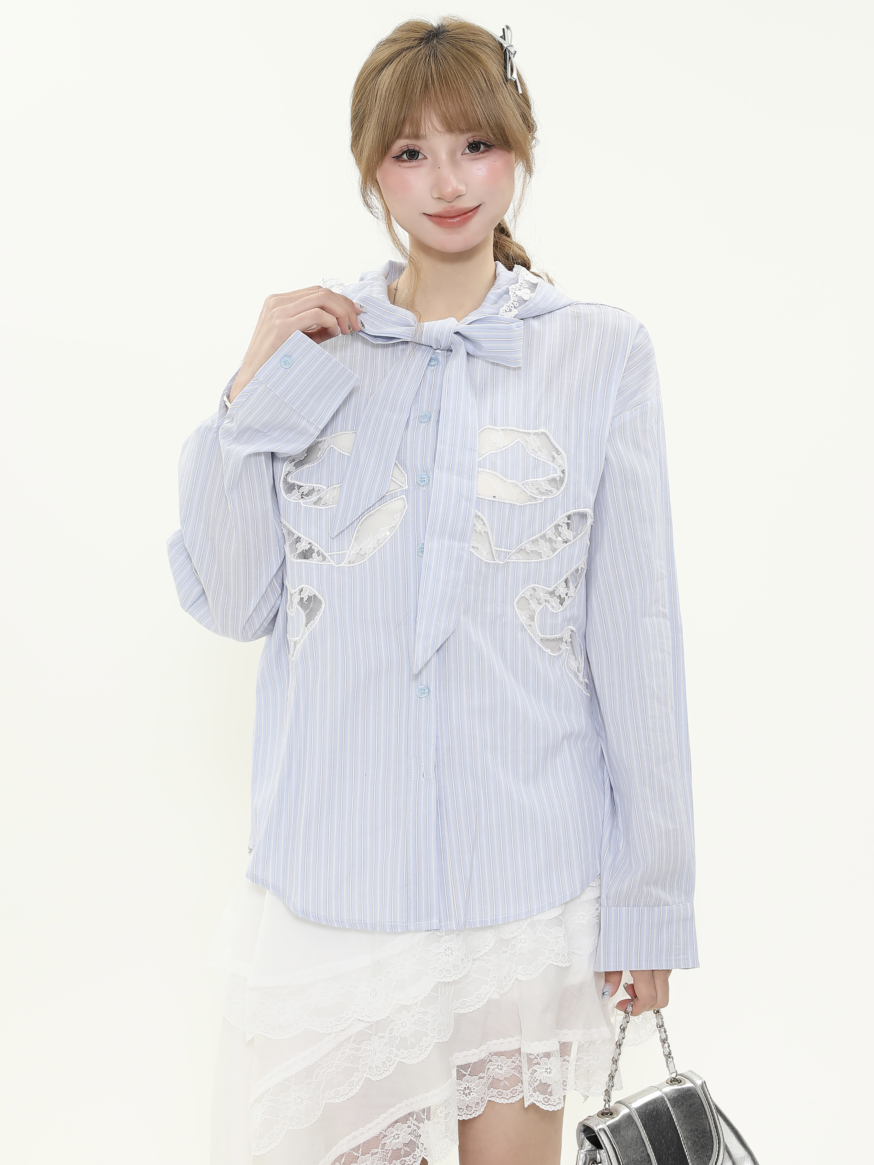 Vintage French Hollow Lace Bow Blue Striped Shirt - Women's Spring Tie Jacket in 90s Retro Style