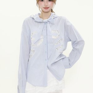 Vintage French Hollow Lace Bow Blue Striped Shirt - Women's Spring Tie Jacket in 90s Retro Style