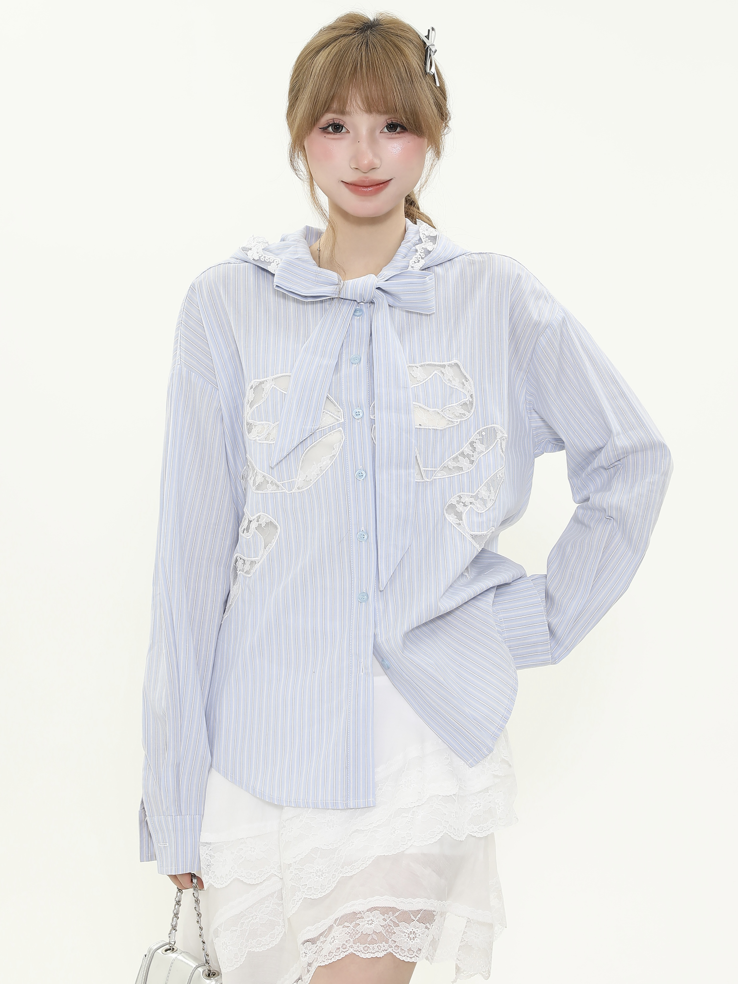 Vintage French Hollow Lace Bow Blue Striped Shirt - Women's Spring Tie Jacket in 90s Retro Style