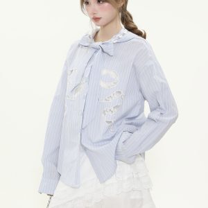 Vintage French Hollow Lace Bow Blue Striped Shirt - Women's Spring Tie Jacket in 90s Retro Style