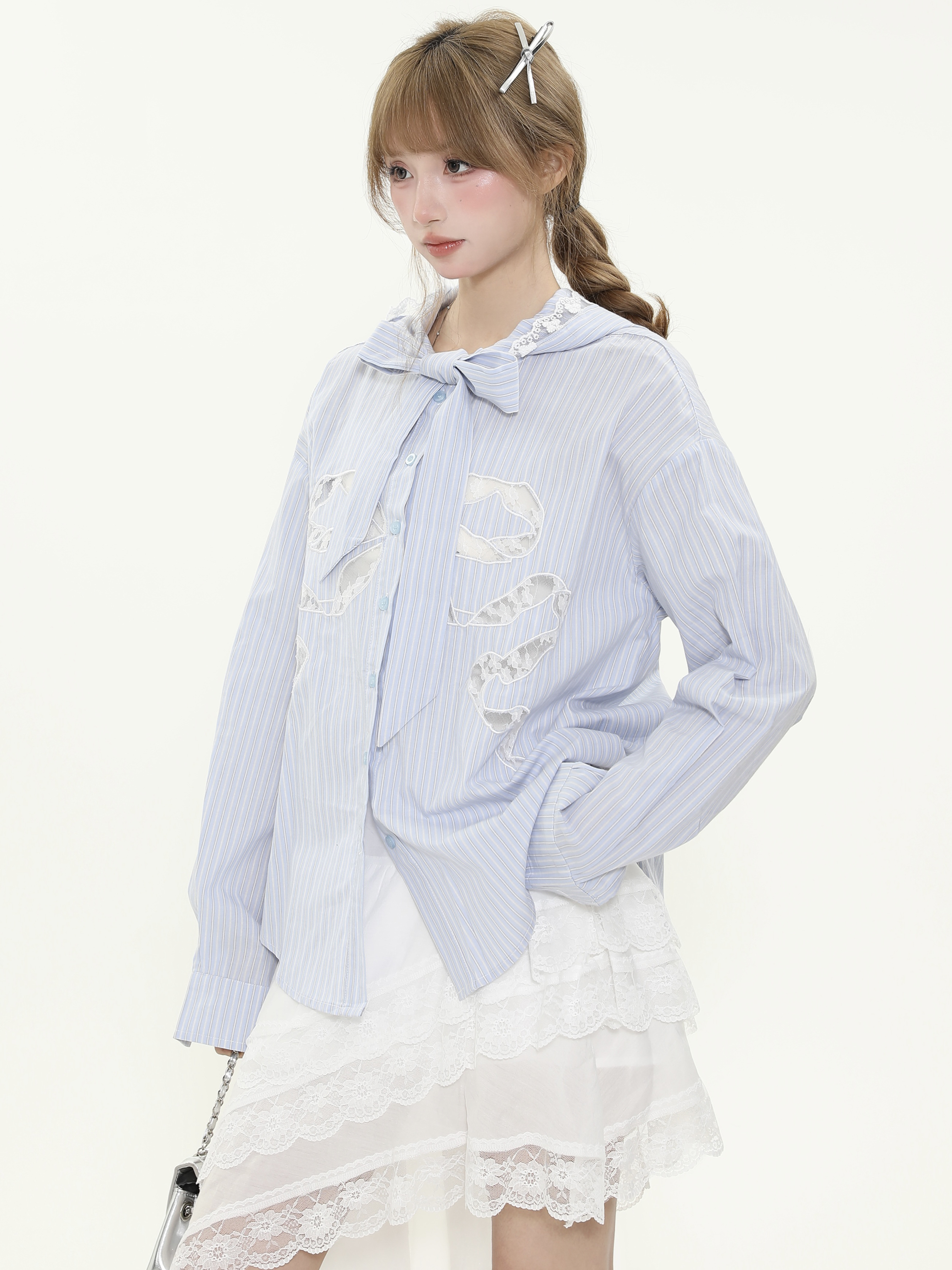 Vintage French Hollow Lace Bow Blue Striped Shirt - Women's Spring Tie Jacket in 90s Retro Style