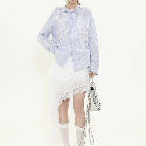 Vintage French Hollow Lace Bow Blue Striped Shirt - Women's Spring Tie Jacket in 90s Retro Style