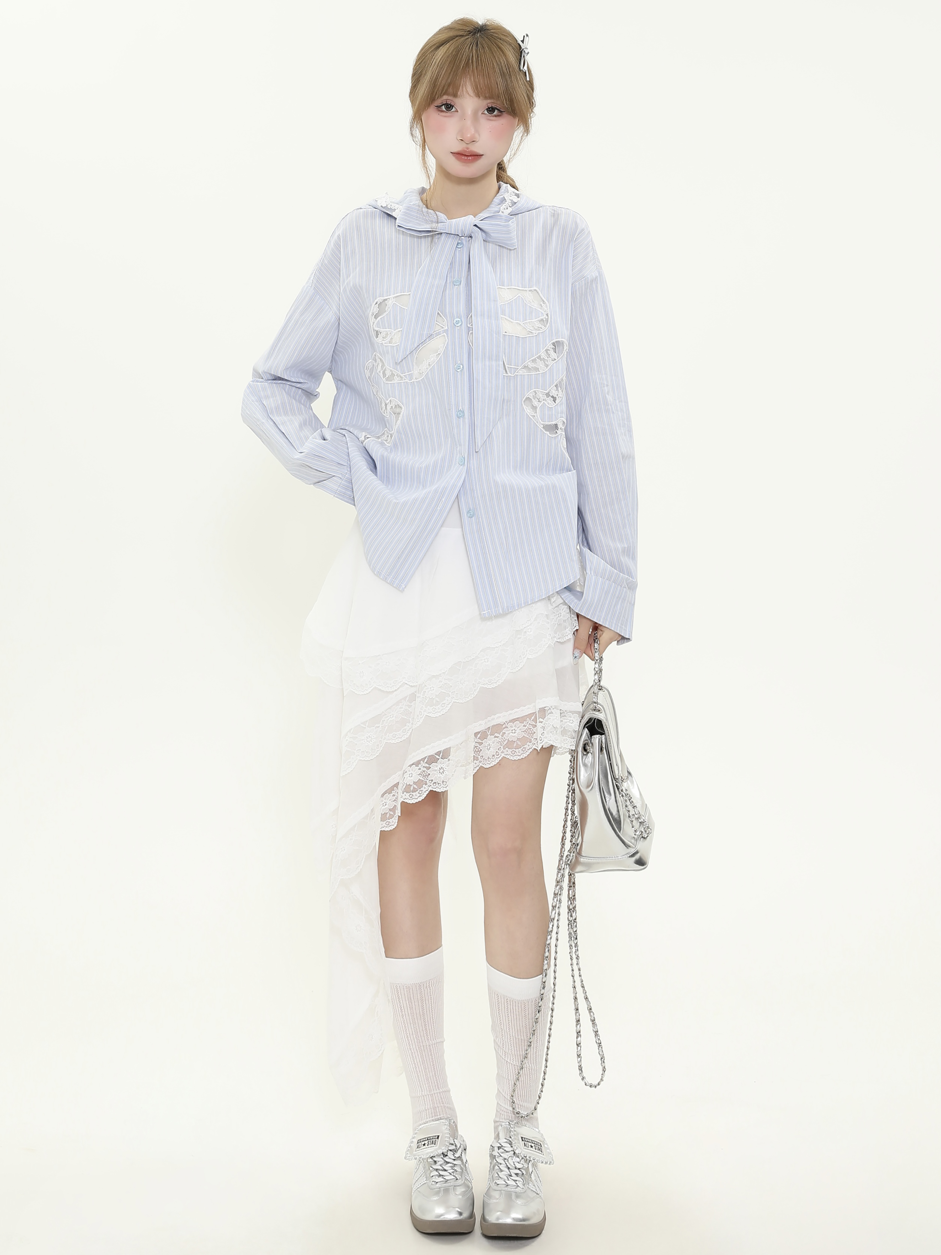 Vintage French Hollow Lace Bow Blue Striped Shirt - Women's Spring Tie Jacket in 90s Retro Style