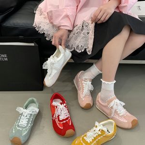 Vintage French Lace Bow Genuine Leather Training Shoes for Women - Spring Red Casual Flat Sneakers