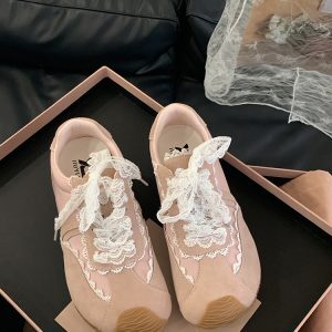 Vintage French Lace Bow Genuine Leather Training Shoes for Women - Spring Red Casual Flat Sneakers