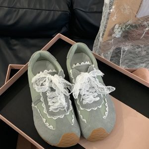 Vintage French Lace Bow Genuine Leather Training Shoes for Women - Spring Red Casual Flat Sneakers