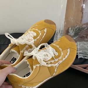 Vintage French Lace Bow Genuine Leather Training Shoes for Women - Spring Red Casual Flat Sneakers